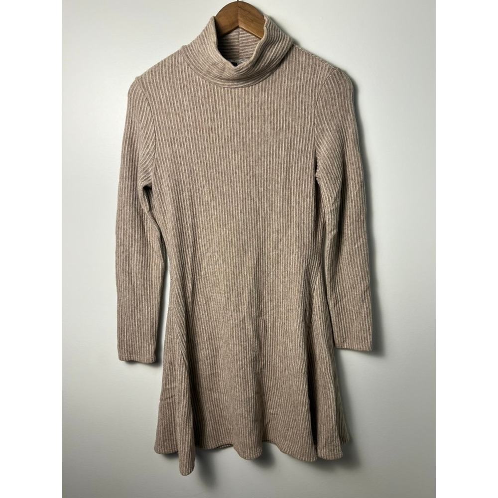Tash + Sophie Turtleneck‎ Dress LG Tan Ribbed Knit A-Line Long Sleeve Minimalist